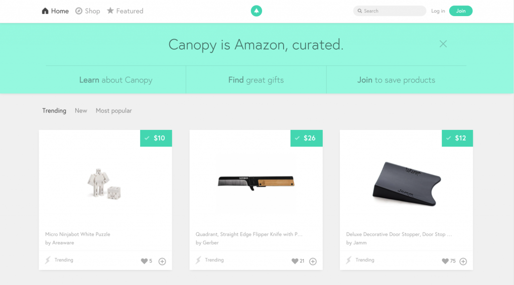 A screenshot of Canopy.co's website, where members curate the best products.