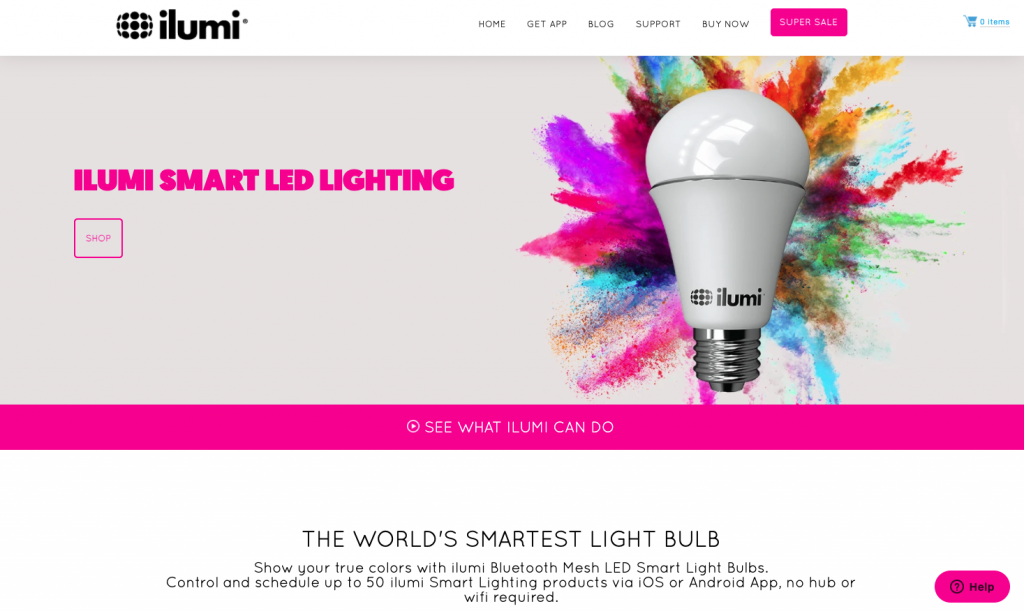 A lightbulb with colorful dust bursting from behind it adorns the website of Ilumi.co. 