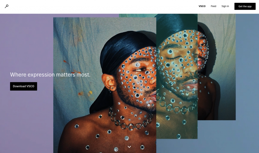 VSCO is an art/tech company. The website shows a young man encrusted with jewels.