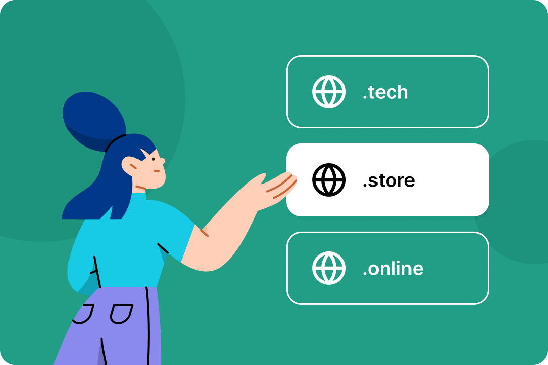 A cartoon woman pointing to pills filled with TLD extensions.